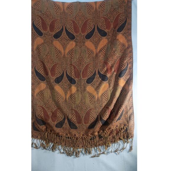 Vintage Pashmina Silk Paisley Shawl Scarf Wrap Brown Rust Boho Fringe - Picture 3 of 4
